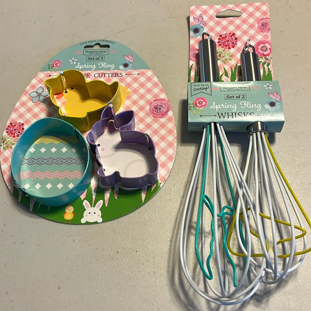 Easter Spring fling cookie cutters and whisks. All brand new. Easter